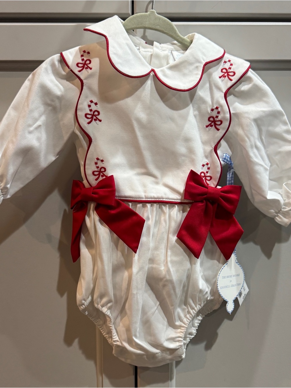 Edgehill Collection White and Red Embroidered Bow Bubble Romper